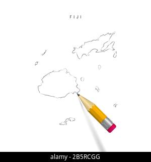 Fiji freehand pencil sketch outline map isolated on white background. Empty hand drawn map of Fiji. Realistic 3D pencil with soft shadow. Stock Photo