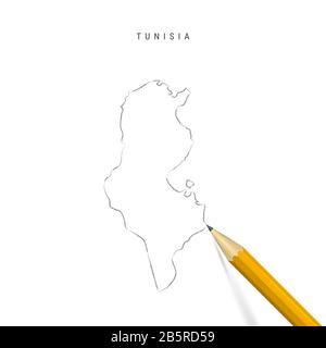 Tunisia freehand pencil sketch outline map isolated on white background. Empty hand drawn map of Tunisia. Realistic 3D pencil with soft shadow. Stock Photo