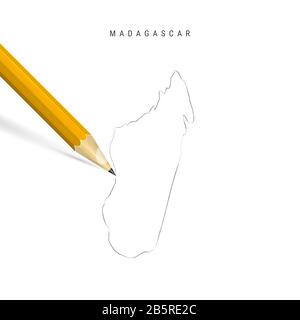 Madagascar freehand pencil sketch outline map isolated on white background. Empty hand drawn map of Madagascar. Realistic 3D pencil with soft shadow. Stock Photo