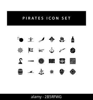 Pirate icon set with black color glyph style design. Stock Vector