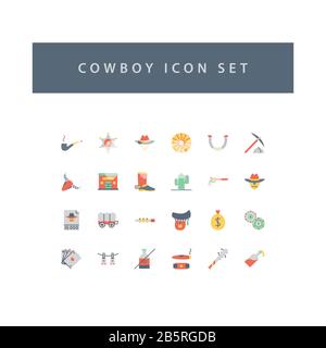 Cowboys icon set with colorful modern Flat style design. Stock Vector