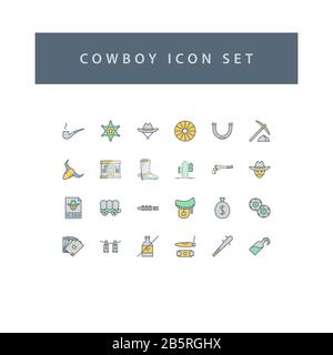 Cowboys icon set with filled outline style design. Stock Vector