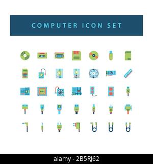 computer Hardware icon set with colorful modern Flat style design. Stock Vector