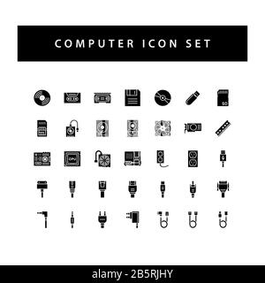 computer hardware icon set with black color glyph style design. Stock Vector