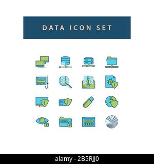 Data sharing icon set with filled outline style design. Stock Vector