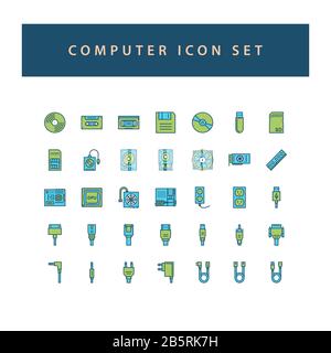 computer hardware icon set with filled outline style design. Stock Vector