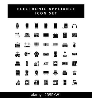 Home appliances electronic icon set with black color glyph style design. Stock Vector
