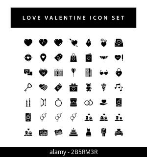 Love Valentine icon set with black color glyph style design. Stock Vector