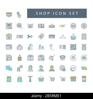 Shop supermarket icon set with filled outline style design. Stock Vector