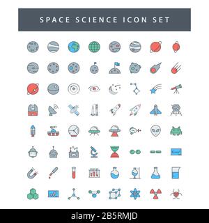 space and science icon set with filled outline style design. Stock Vector