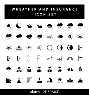 weather and insurance icon set with black color glyph style design. Stock Vector