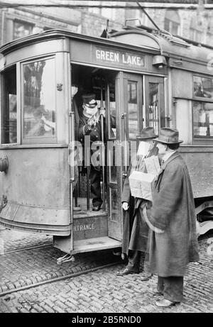 Precautions taken in Seattle, Wash., during the Spanish Influenza Epidemic would not permit anyone to ride on the street cars without wearing a mask. 260,000 of these were made by the Seattle Chapter of the Red Cross which consisted of 120 workers, in three days