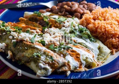 Enchiladas Verdes, or green enchiladas, tortillas filled with chicken and served with beans and Mexican style rice Stock Photo