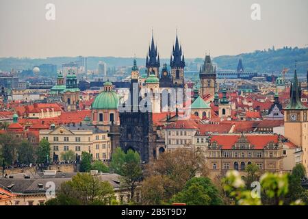 View of Old Town Square with Charles Bridge and Old Town Hall towers and the Towers and spires of the Church of Our Lady before Týn viewed from Petřín Stock Photo