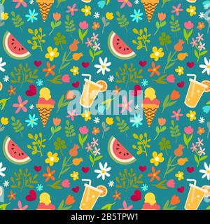 Seamless vector summer pattern with ice cream, watermelon, juice and flowers Stock Vector