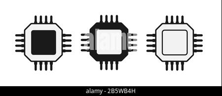 Set of simple icons of microchips or processors. Filled silhouette. Radio electronic element. Flat design. Stock Vector