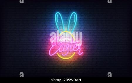 Easter neon sign. Glowing colorful lettering badge for Easter celebration Stock Vector