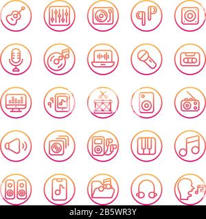 Music and Sound gradient icon set. Vector and Illustration. Stock Vector