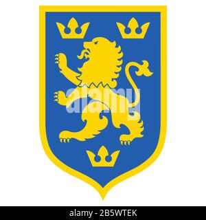 Heraldic coat of arms. Heraldic lion and three Crowns on the knights shield Stock Vector