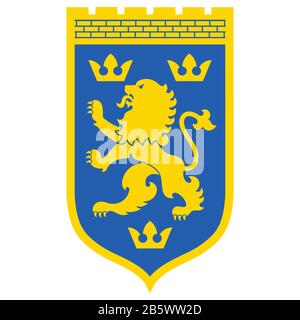 Heraldic coat of arms. Heraldic lion and three Crowns on the knights shield Stock Vector