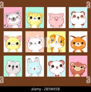 Collection of vertical banner, background, flyer, sticker, placard with cute animals in kawaii style. Vector template card for greeting, decoration, c Stock Vector