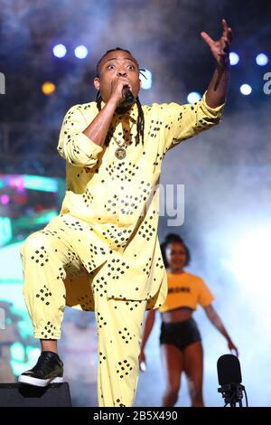 PORT OF SPAIN, TRINIDAD - FEB 23: Machel Montano performs at Dimanche Gras in the Queen’s Park Savannah as part of Trinidad Carnival on Februrary 23, Stock Photo