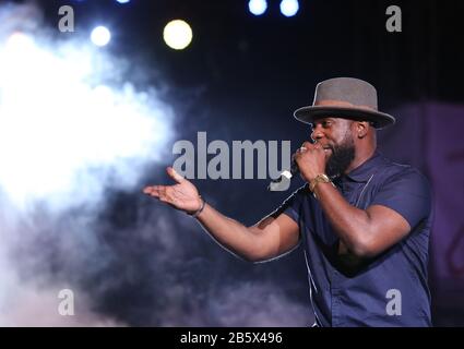 PORT OF SPAIN, TRINIDAD - FEB 23: Soca recording artist Bunji Garlin performs at Dimanche Gra in the Queen’s Park Savannah as part of Trinidad Carniva Stock Photo