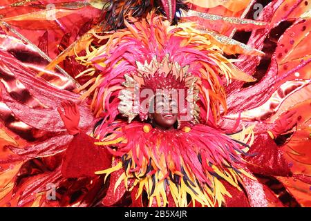 PORT OF SPAIN, TRINIDAD - FEB 23: Aniya Sealy, the Junior Queen of Carnival, performs during Dimanche Gras in the Queen’s Park Savannah as part of Tri Stock Photo