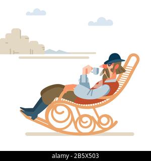 Old successful cowboy resting with a Cup of coffee in a rocking chair. wild West. Cartoon vector illustration. Flat style. Isolated on white Stock Vector