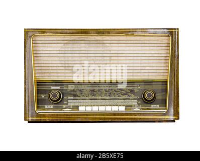 Vintage radio isolated on white background, retro analog radio technology Stock Photo