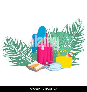 Face mask  to protect against coronavirus while traveling. Set of travel items on tropical leaves background isolated on white background. Safety conc Stock Vector
