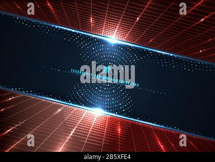 Abstract technology futuristic digital concept perspective red grid and lighting effect glowing particles dots elements circle on dark blue background Stock Vector
