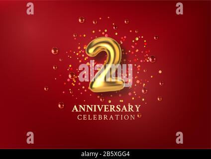 2th Anniversary celebration. Number in the form of golden balloons. Realistic 3d gold numbers and sparkling confetti, glitters. Horizontal template Stock Vector