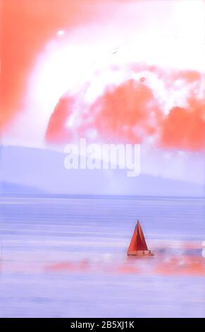 Landscape of an alien planet book cover proportions - huge pink moon reflects in calm ocean water - digital illustration. Elements of this image are f Stock Photo