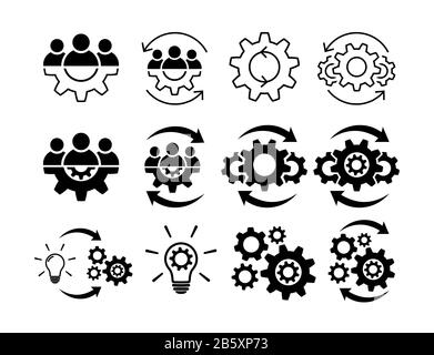 Teamwork and process line icon set. Line and fill Stock Vector