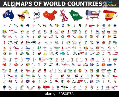 All maps of world countries and flags . Collection of outline shape of international country map with shadow . Flat design . Vector . Stock Vector