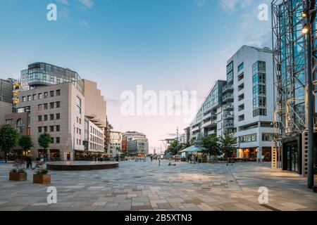 Oslo, Norway. Residential Multi-storey Houses In Aker Brygge District In Summer Evening. Famous And Popular Place