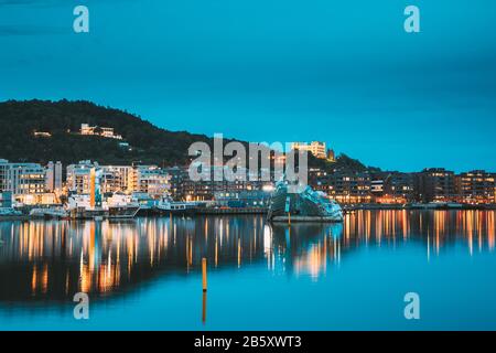 Oslo, Norway. Scenic Night Evening View Of Illuminated Residential Area District Downtown Sorenga. Stock Photo