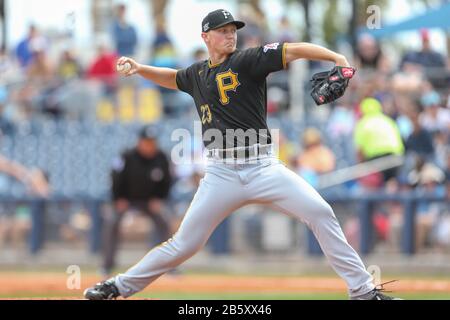 Pittsburgh Pirates starting pitcher Mitch Keller (23) delivers a pitch during a spring training baseball game against the Tampa Bay Rays, Sunday, March 8, 2020, in Port Charlotte, Florida, USA. (Photo by IOS/ESPA-Images) Stock Photo