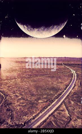 Book cover template. Unreal landscape - dark planet over road winding through desert landscape at sunset digital illustration. Elements of this image Stock Photo