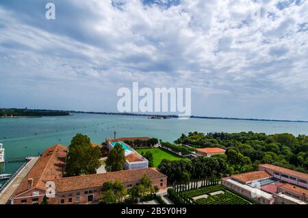 Panoramic view from San Giorgio bell tower – Island San Giorgio Maggiore Venice, Veneto, Italy Stock Photo