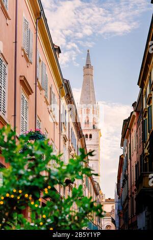 Sunset in Modena, Emilia Romagna, Italy. Via Torre and Ghirlandina Stock Photo