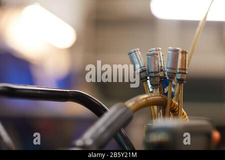 Horizontal close up no people shot of car spark plug cables, copy space Stock Photo