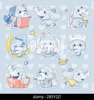 Cute Elephants Kawaii Cartoon Vector Characters Set Adorable And Funny Animal Different Poses And Emotions Isolated Sticker Patch Anime Baby Girl Stock Vector Image Art Alamy