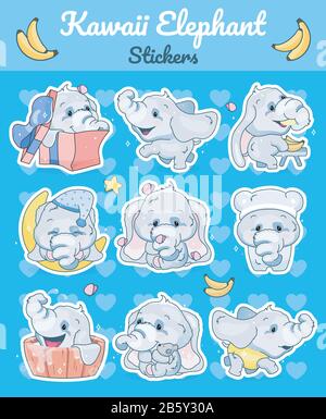 Cute elephants kawaii cartoon vector characters set. Adorable and funny  animal different poses and emotions isolated sticker, patch. Anime baby boy  Stock Vector Image & Art - Alamy