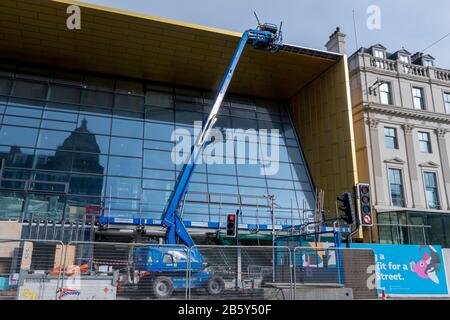 Work continues in March 2020 on the refurbishment of Queen Street Railway Station in Glasgow City Centre. Due for completion later this year. Stock Photo