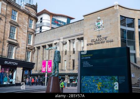 Glasgow's Buchanan Street with the Donald Dewar Statue and The Royal Concert Hall in the foreground and Cineworld in the background in March 2020 Stock Photo