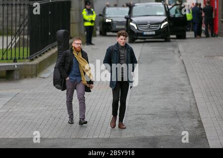 Padraig O’Dubhghaill & Conor Connolly leaving Tig Coili  Irish Music Pub in Galway after they played trad music for the Duke & Duchess of Cambridge Stock Photo