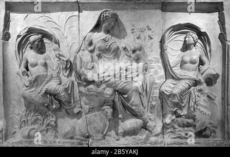 The Ara Pacis Augustae.Altar of Augustan Peace aka Ara Pacis,an altar in Rome dedicated to Pax, the Roman goddess of Peace.Carrara marble Stock Photo