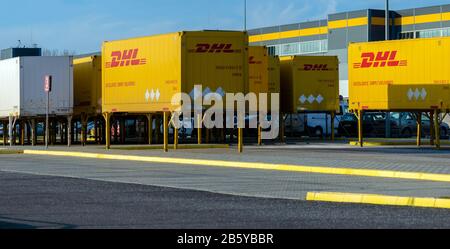Containers at the DHL container terminal at the Amazon logistics center in Poland.Sczecin, Poland-March 2020. Stock Photo